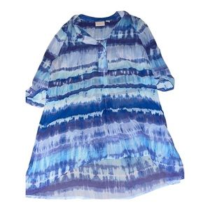 Chico’s Blue & White Tie Dye High Low Blouse Women’s 0 X Small 3/4 Sleeve Sheer